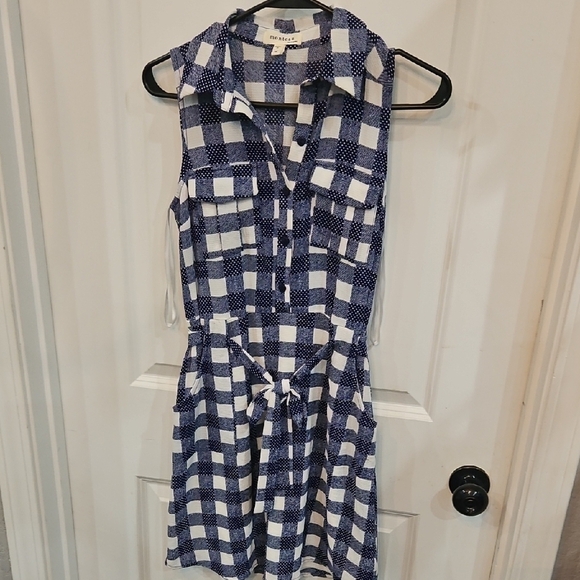 Monteau Blue and White Sleeveless Notched Collar Mini Dress - Picture 6 of 6